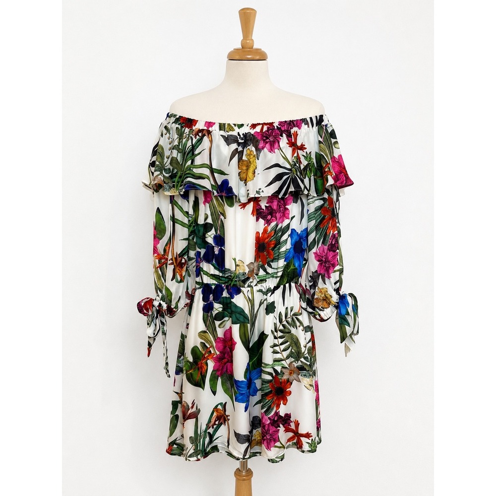 Parker White Sardinia Floral Silk Blend Off Shoulder Dress NWT Size M